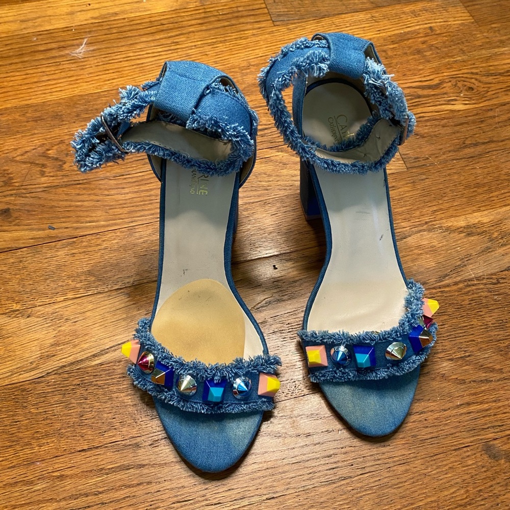 Catherine Malandrino Denim Embellished Block Heel Sandals – Blue – Size 10 - Picture 2 of 7